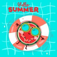 Hello summer illustration. Summer vibe. Flat cartoon watermelon in glasses on inflatable circle in swimming pool. Watermelon day vector