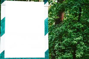 White poster banner billboard on green tree, warm sunny day photo