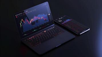 Modern stock exchange statistic chart diagram scene show in laptop and smartphone screen, forex trading market analysis monitor display background photo