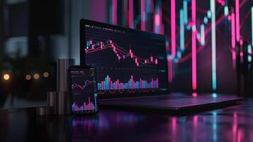 Modern stock exchange statistic chart diagram scene show in laptop and smartphone screen, forex trading market analysis monitor display background photo