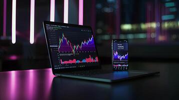 Modern stock exchange statistic chart diagram scene show in laptop and smartphone screen, forex trading market analysis monitor display background photo