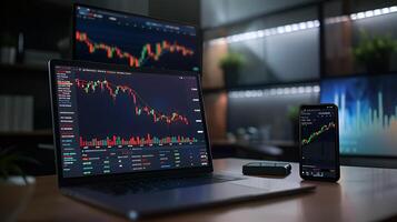 Modern stock exchange statistic chart diagram scene show in laptop and smartphone screen, forex trading market analysis monitor display background photo