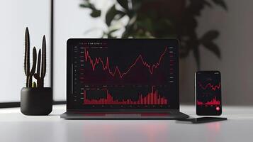 Modern stock exchange statistic chart diagram scene show in laptop and smartphone screen, forex trading market analysis monitor display background photo