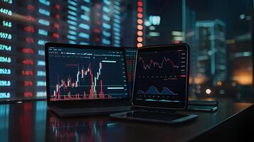 Modern stock exchange statistic chart diagram scene show in laptop and smartphone screen, forex trading market analysis monitor display background photo