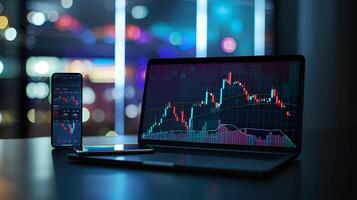 Modern stock exchange statistic chart diagram scene show in laptop and smartphone screen, forex trading market analysis monitor display background photo