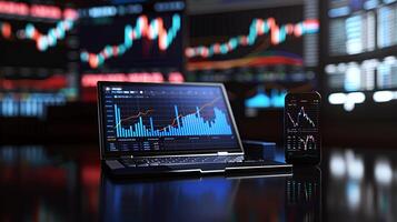 Modern stock exchange statistic chart diagram scene show in laptop and smartphone screen, forex trading market analysis monitor display background photo