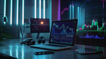 Modern stock exchange statistic chart diagram scene show in laptop and smartphone screen, forex trading market analysis monitor display background photo