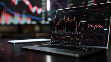 Modern stock exchange statistic chart diagram scene show in laptop and smartphone screen, forex trading market analysis monitor display background photo