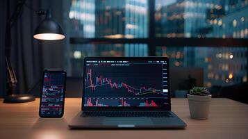 Modern stock exchange statistic chart diagram scene show in laptop and smartphone screen, forex trading market analysis monitor display background photo
