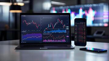 Modern stock exchange statistic chart diagram scene show in laptop and smartphone screen, forex trading market analysis monitor display background photo
