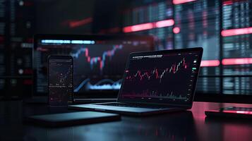 Modern stock exchange statistic chart diagram scene show in laptop and smartphone screen, forex trading market analysis monitor display background photo