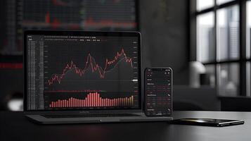 Modern stock exchange statistic chart diagram scene show in laptop and smartphone screen, forex trading market analysis monitor display background photo