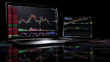 Modern stock exchange statistic chart diagram scene show in laptop and smartphone screen, forex trading market analysis monitor display background photo