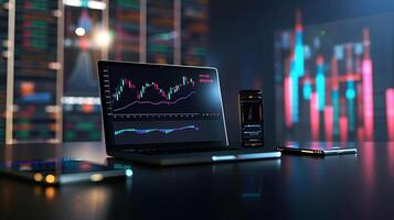 Modern stock exchange statistic chart diagram scene show in laptop and smartphone screen, forex trading market analysis monitor display background photo