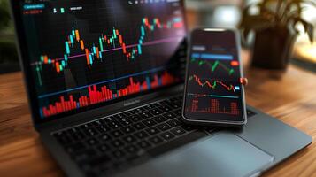 Modern stock exchange statistic chart diagram scene show in laptop and smartphone screen, forex trading market analysis monitor display background photo