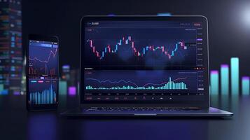 Modern stock exchange statistic chart diagram scene show in laptop and smartphone screen, forex trading market analysis monitor display background photo