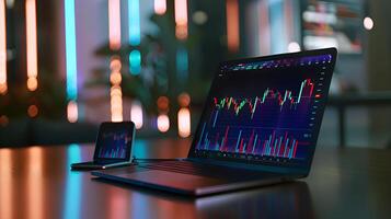 Modern stock exchange statistic chart diagram scene show in laptop and smartphone screen, forex trading market analysis monitor display background photo