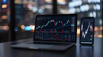 Modern stock exchange statistic chart diagram scene show in laptop and smartphone screen, forex trading market analysis monitor display background photo