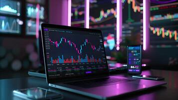 Modern stock exchange statistic chart diagram scene show in laptop and smartphone screen, forex trading market analysis monitor display background photo