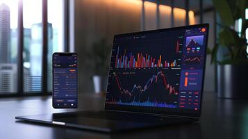 Modern stock exchange statistic chart diagram scene show in laptop and smartphone screen, forex trading market analysis monitor display background photo