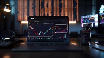 Modern stock exchange statistic chart diagram scene show in laptop and smartphone screen, forex trading market analysis monitor display background photo