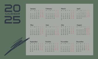 Calendar 2025, illustration, Template. Mock up week starts on Sunday vector