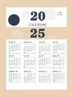 2025 calendar with brown leaf motif. Monthly calendar. minimalist elegance. vector