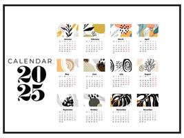 2025 calendar with leaf and tree motifs. Monthly calendar. vector