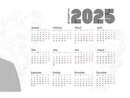 Annual calendar template for 2025. Elegant and simple white calendar. Week Starts on Sunday. Minimalist style business calendar for 2025. vector