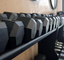 Selective focus on a row of weights in a gym photo