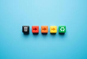 The scale ranges from discarded to completely recycled. Conserve natural resources, reduce waste, create jobs in recycling industry. Materials that are fully recyclable. Environment protection. photo