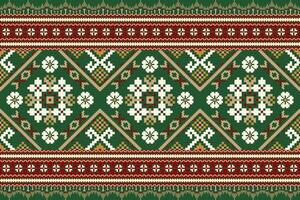 Geometric ethnic design pattern on green background,floral cross stitch vector
