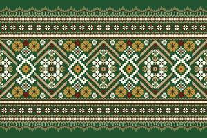 Geometric ethnic design pattern on green background,floral cross stitch vector