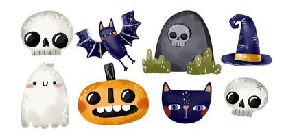 A scary set of drawings with a tombstone, ghost, pumpkin, skull, vector