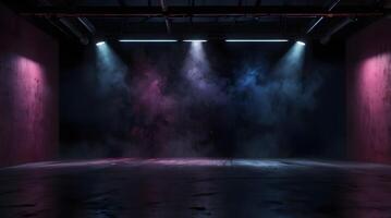 The stage is dark, with spotlights, neon lights, and an empty background of dark blue, purple, and pink. The studio area's smoke-filled interior texturing and the asphalt floor are perfect for photo