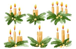 Set with candles and evergreen Christmas tree branches. Christma vector