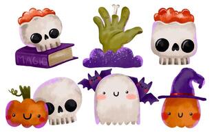 Collection with pumpkins, ghosts, skulls with brains and zombie vector