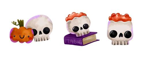 Collection with pumpkins, ghosts, skulls with brains and zombie vector