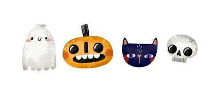 A scary set of drawings with a tombstone, ghost, pumpkin, skull, vector