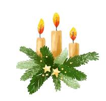 Set with candles and evergreen Christmas tree branches. Christma vector