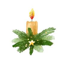 Set with candles and evergreen Christmas tree branches. Christma vector