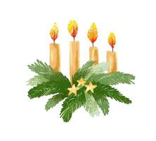 Set with candles and evergreen Christmas tree branches. Christma vector