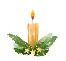 Set with candles and evergreen Christmas tree branches. Christma vector