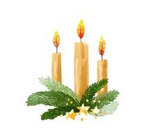 Set with candles and evergreen Christmas tree branches. Christma vector