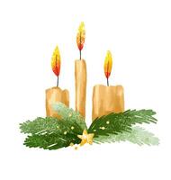 Set with candles and evergreen Christmas tree branches. Christma vector