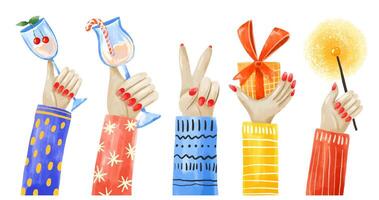 Cartoon winter party illustration. Colorful set with hands holdi vector