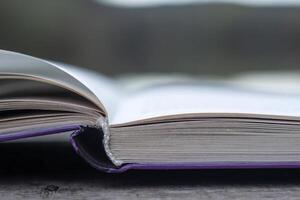 Pages of an open book on the wooden deck on the lake in the forest. Concept of reading, relaxing, meditating, education, visiting libraries, book exhibitions. Close up. Side view. Selective focus photo