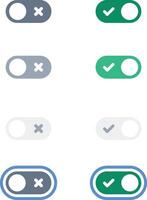 On and Off toggle switch buttons. Green active state and grey inactive state color button set for mobile app and social media. correct and wrong way with tick and cross. illustration vector