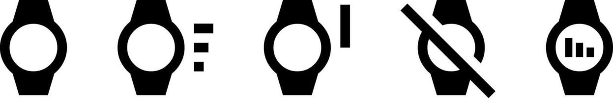 Wearable Smart Watch Icon Set AR Augmented Reality, signal strength, switch off, on, Bell Notification. Isolated, Solid Color and Flat Style Pictograms. vector