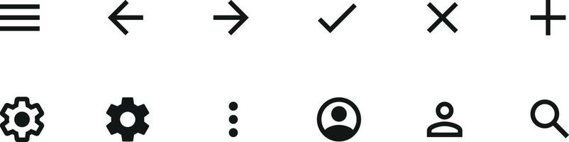 Most common app icon set for navigation and action bars, tabbar. All menu types hamburger, donner, tick, cross, plus, profile, user, search, kebab, bento menu. Icons set with grid for apps and web. vector